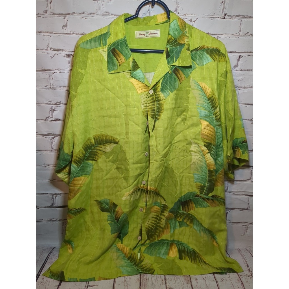 Tommy Bahama Silk Button Down Mens Green Tropical Camp Shirt Sz Large